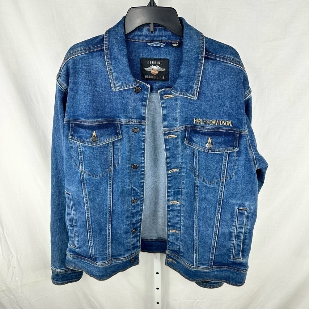 Harley-Davidson Men's Blue Collared Denim Trucker Jacket - Size Large